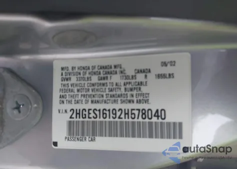 2002 Honda Civic Dx from USA, damaged, VIN 2HGES16192H578040